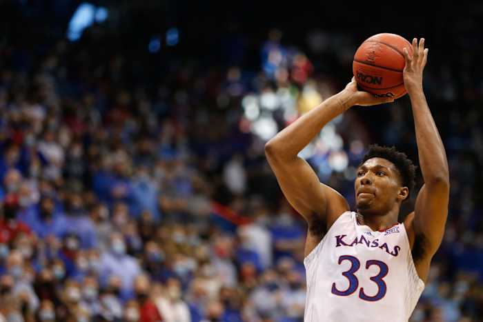 Kansas senior forward David McCormack (33) shoots a free throw after a technical foul is called on Baylor during the second half of Saturday's game inside Allen Fieldhouse.